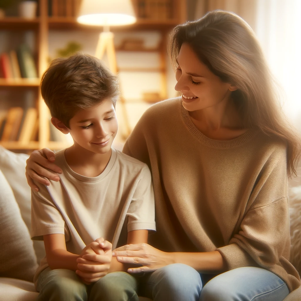 Words of Affirmation in the context of a parent-child relationship. It shows a parent and child sharing a moment of connection and affirmation, filled with warmth and love.