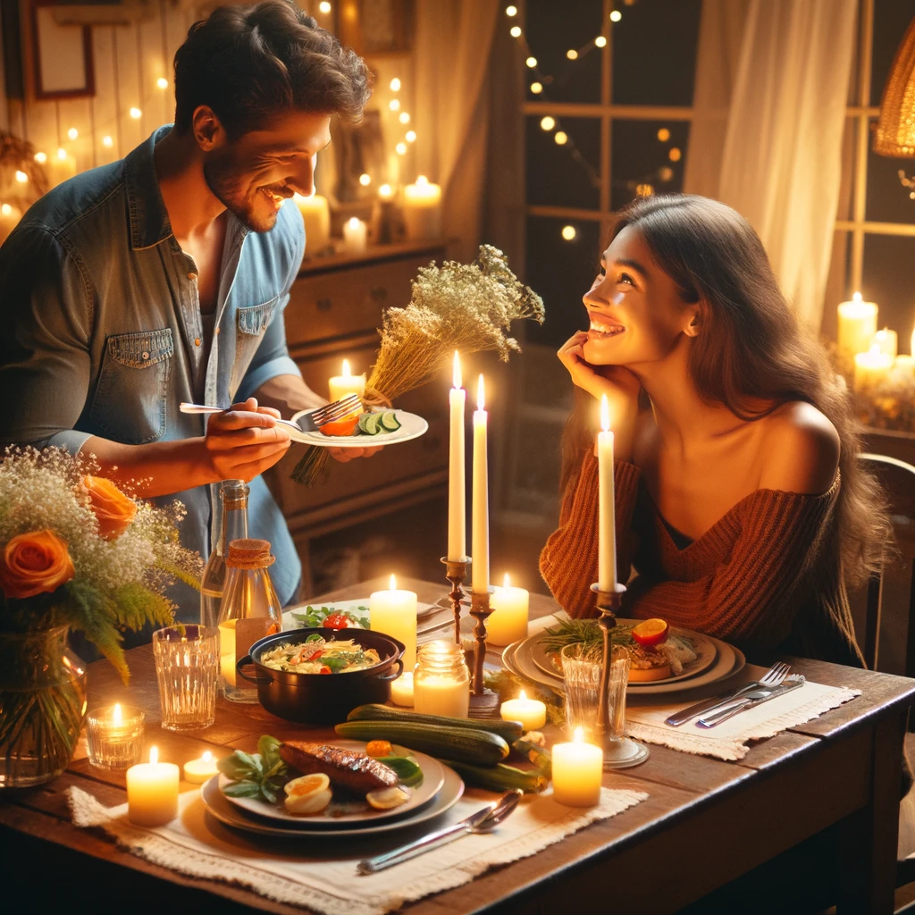 This image embodies Acts of Service within a romantic relationship, capturing a couple sharing a home-cooked candlelit dinner, an act of love and service.