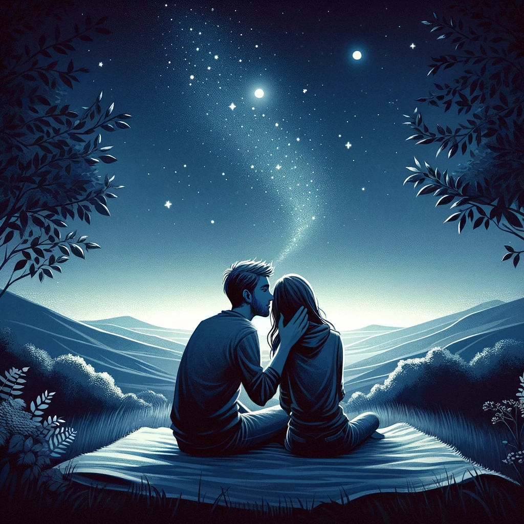 This image beautifully illustrates Words of Affirmation in a romantic relationship, showing a couple sharing a tender moment under a starry night sky. It conveys the intimacy and closeness that words of love and affirmation can create.