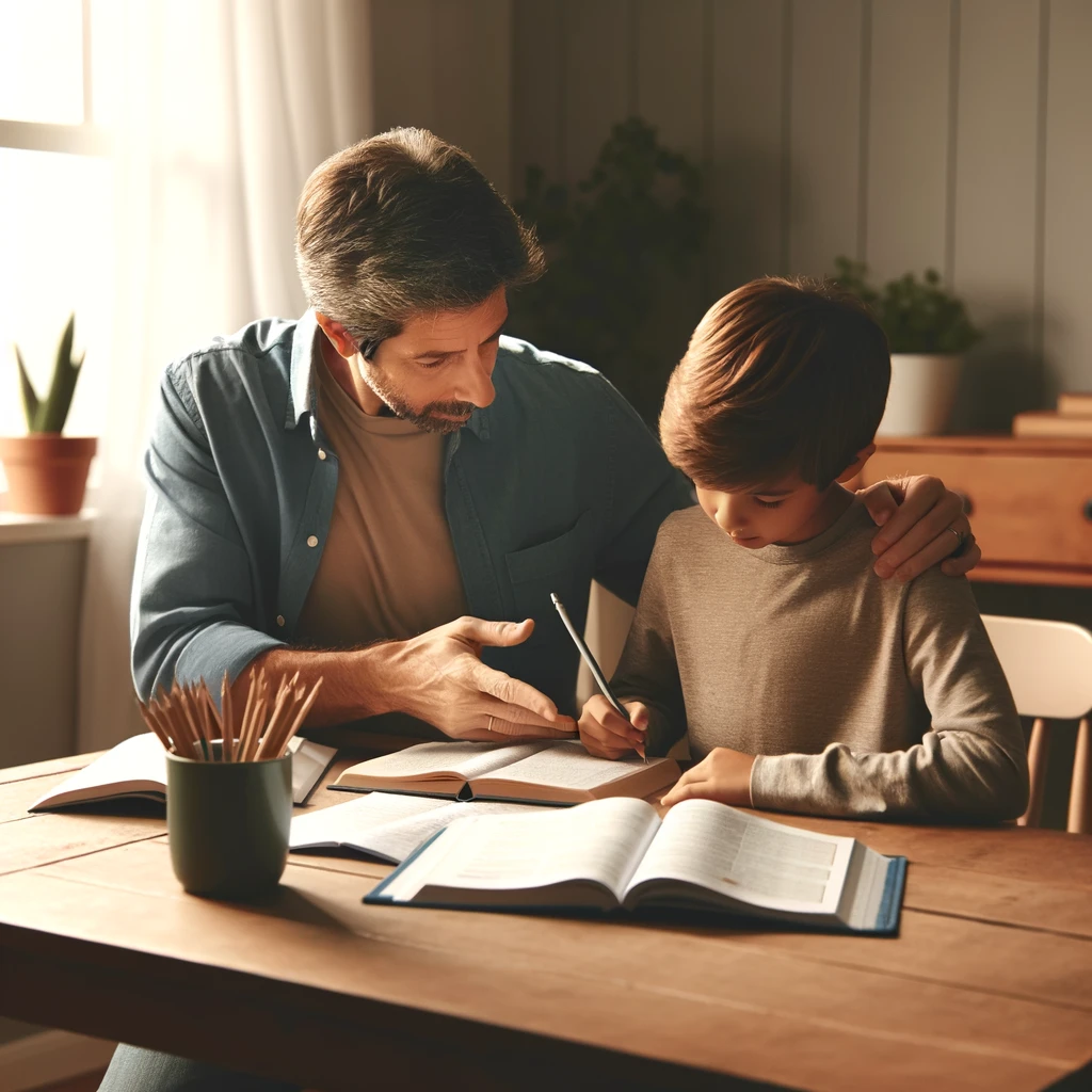 This image represents Acts of Service in a parent-child relationship, depicting a parent assisting their child with homework. This scene highlights the caring and supportive nature of acts of service, emphasizing the parent's dedication to the child's well-being and education.