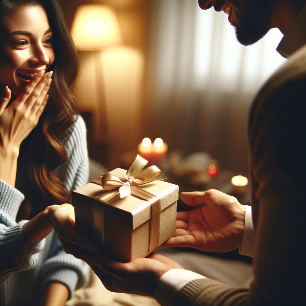 This image beautifully illustrates this love language in a romantic relationship, showing a partner surprising their significant other with a thoughtful gift. The warmth and intimacy of the moment are palpable, highlighting the joy and appreciation such gestures can bring.