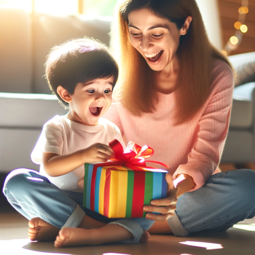 This image depicts a heartwarming parent-child moment, where a parent is giving their child a surprise gift. The child's excitement and the loving atmosphere emphasize the deep emotional connection that thoughtful gifts can foster in familial relationships.