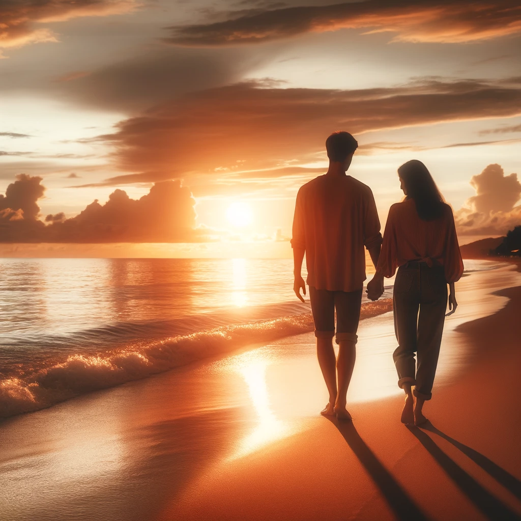 This image showcases a couple holding hands on a beach at sunset, perfectly embodying Physical Touch in a romantic relationship. The setting sun and the intimacy of their intertwined hands convey a deep sense of connection and love.