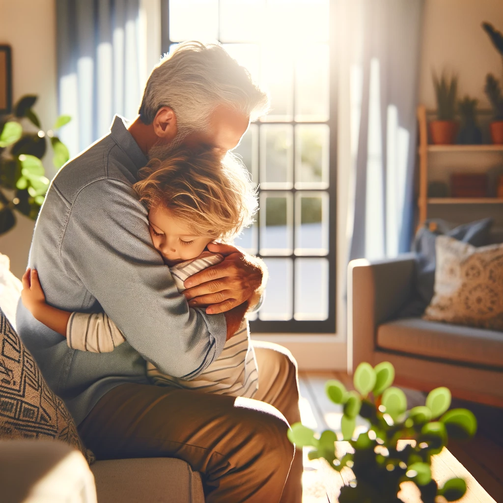 This image depicts a parent and child sharing a tender hug in a sunlit room, representing Physical Touch in a parent-child relationship. This image radiates the warmth, comfort, and security that comes from a loving embrace, highlighting the unconditional love between a parent and their child.