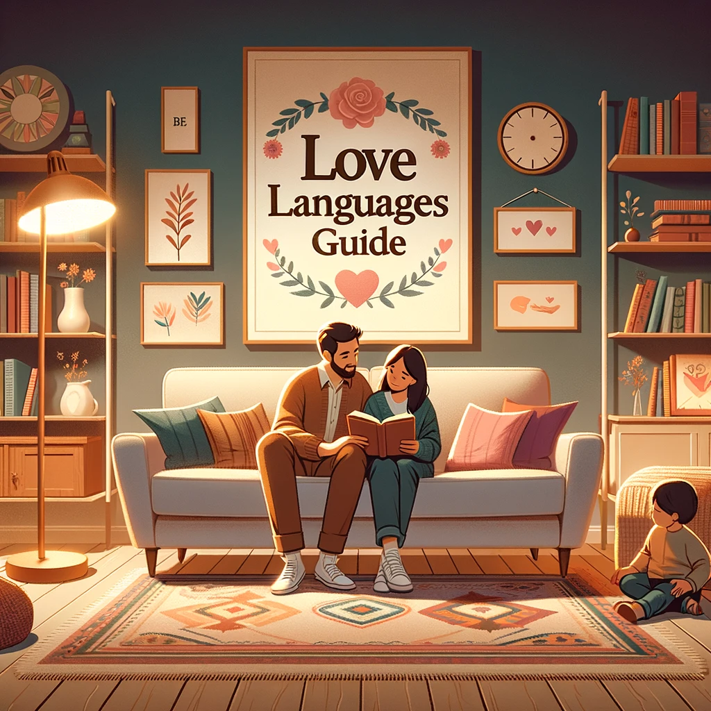 This image captures a serene and nurturing scene, ideal for parents and couples eager to deepen their understanding of love languages and strengthen their relationships. It showcases a couple sitting together in a cozy living room, engaging with a 'Love Languages Guide' book, highlighting the journey of learning and connection. Nearby, a child plays contentedly, adding to the atmosphere of a harmonious family life where love languages are embraced and explored. This visual embodies the essence of creating a loving and understanding environment for both parents and couples.