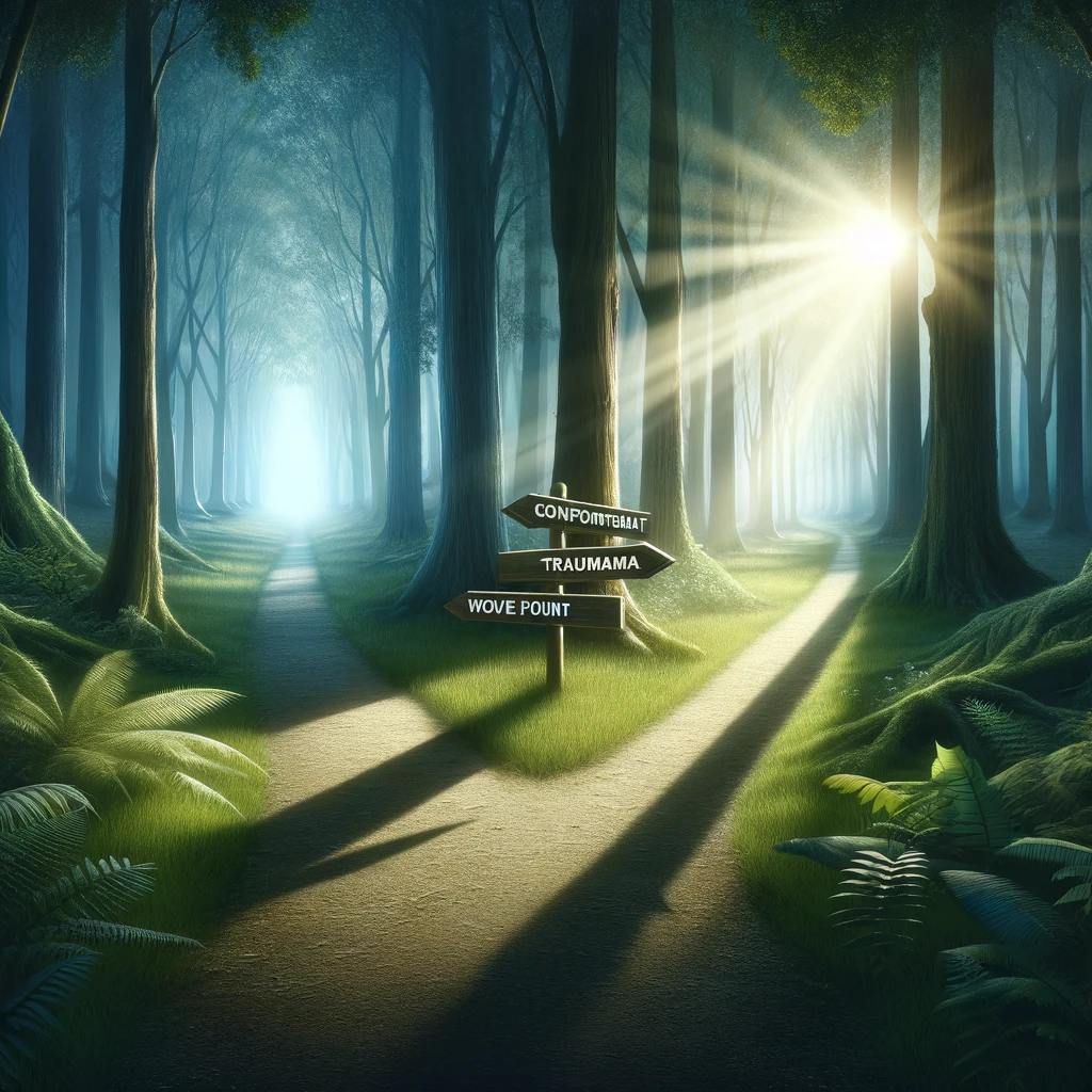 Two paths diverging in a forest, representing the choice between confronting traumatic memories and moving forward without delving into them. This image serves as a metaphor for the critical decision point in an individual's healing journey.