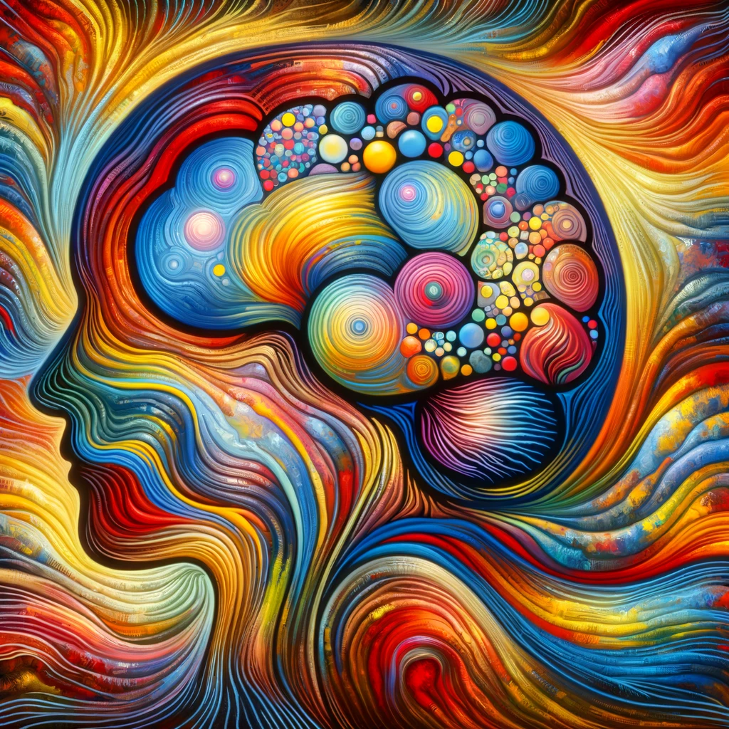 An abstract representation of the brain, highlighting the areas affected by trauma with a vibrant tapestry of colors. This image symbolizes how trauma alters the brain's structure and functioning, illustrating the brain's resilience and capacity for healing.