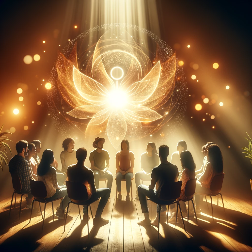 A diverse group of people sitting in a circle, enveloped in soft, radiant light. This image evokes feelings of belonging, empathy, and the collective journey of healing, emphasizing the power of community support.